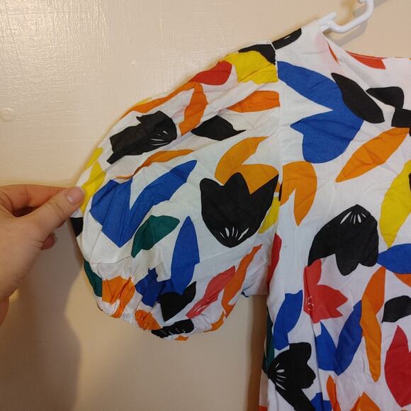 Calvin Klein Size 6 Dress Vibrant Abstract Puff Sleeve Midi Cotton Unique Trendy - Picture 8 of 10